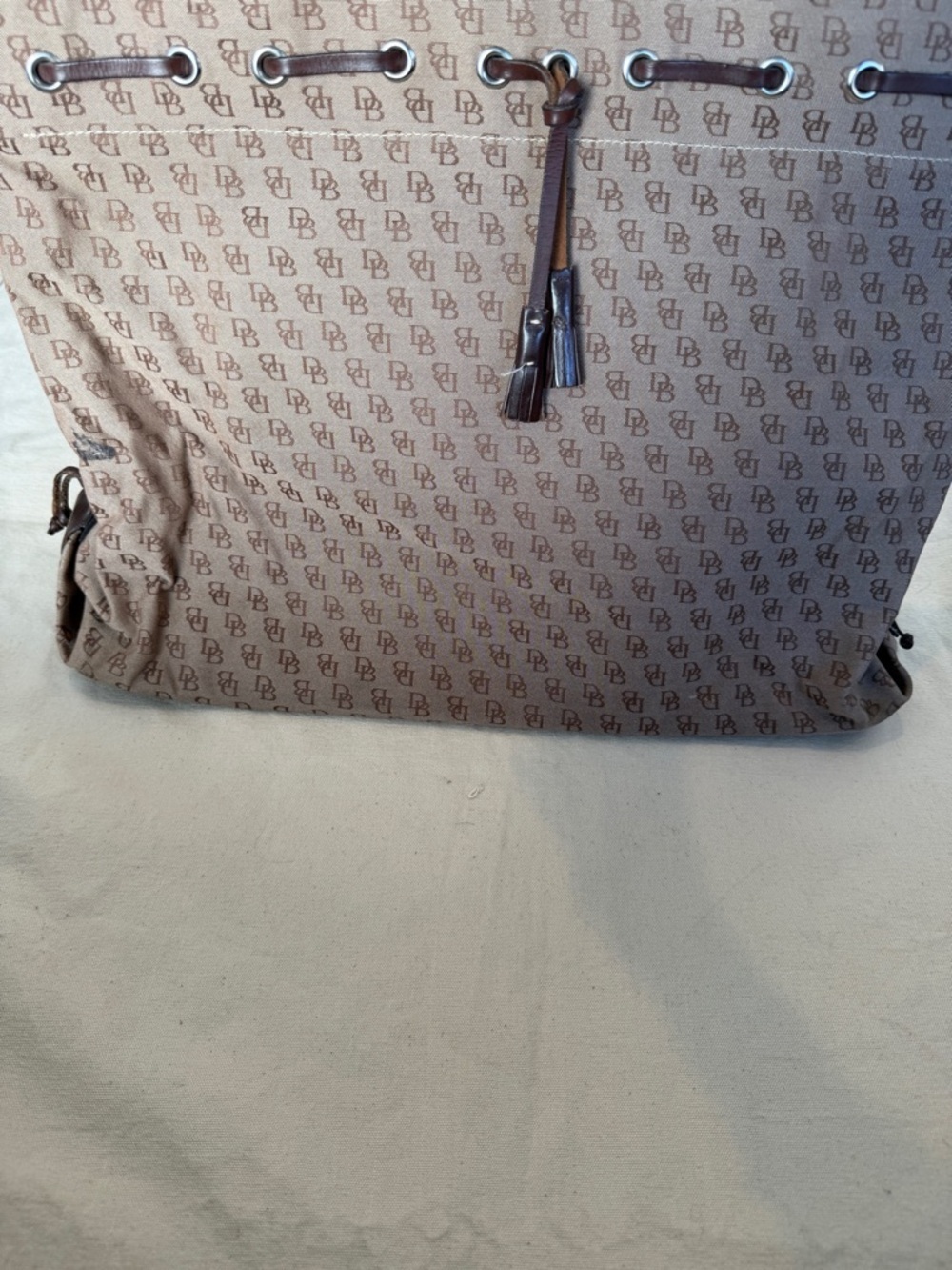 Dooney & Bourke Beige Monogram Tote with Brown Leather Handles - Picture 3 of 13